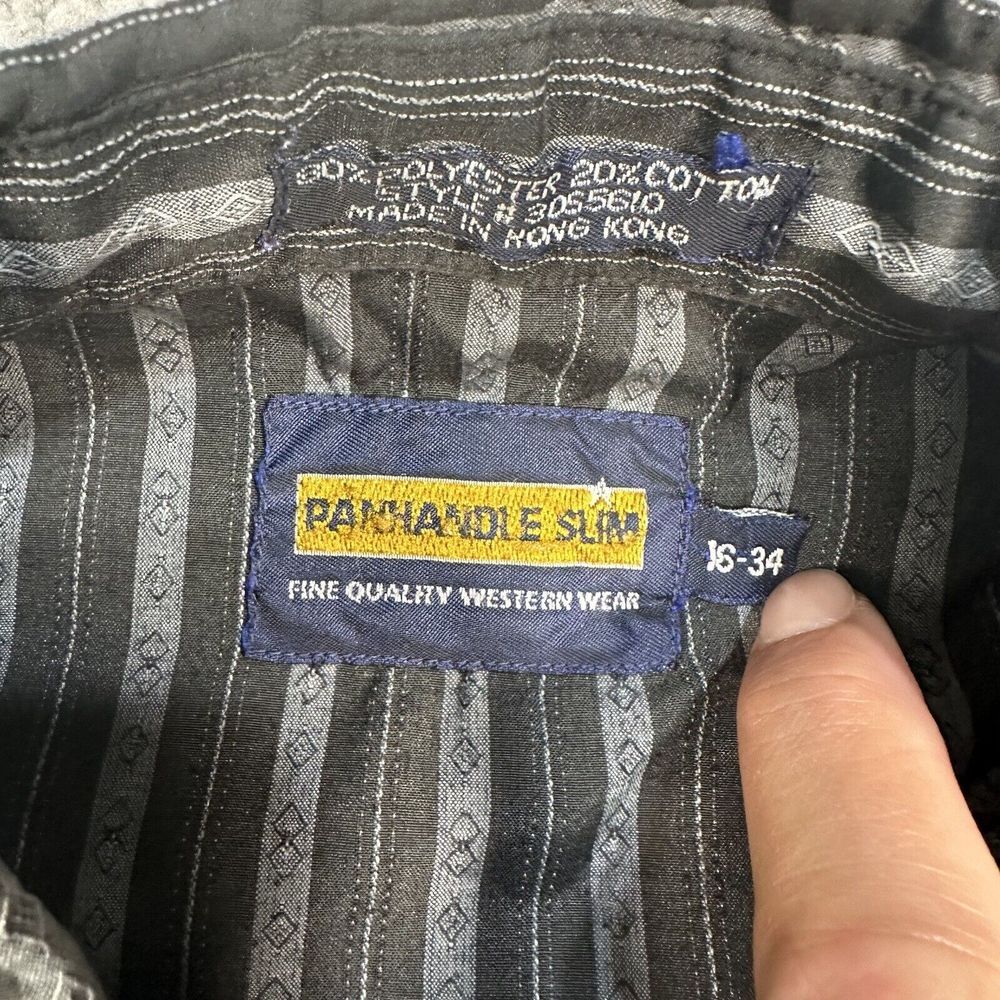 Panhandle Slim Shirt Mens 16 34 Black Striped‎ Geometric Western Pearl Snap Logo - Picture 10 of 11